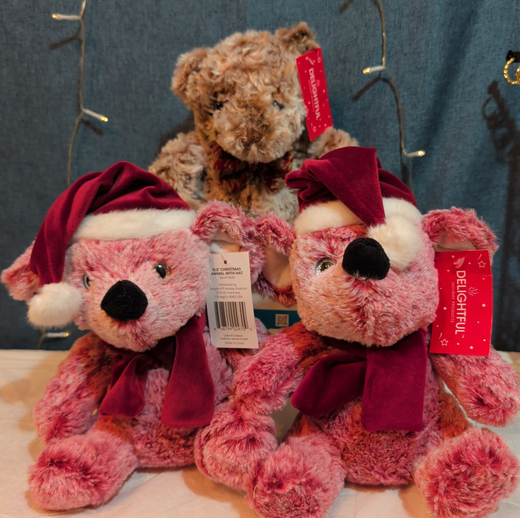 Delightful Holiday Christmas Teddy Bear Plush Lot 3 Pink Brown