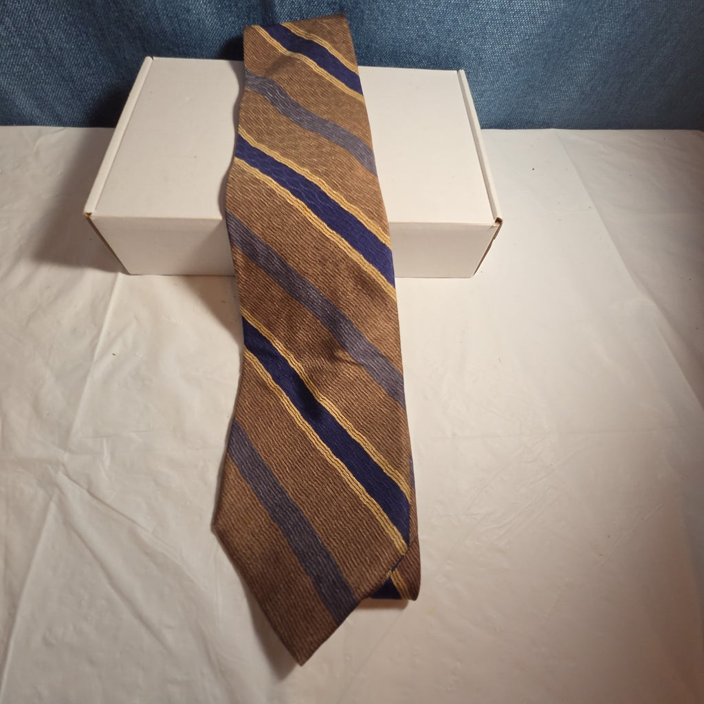 J.Z. Richards Silk Tie Edwards Michigan Brown Blue Stripe Frayed As Is Vest Tie