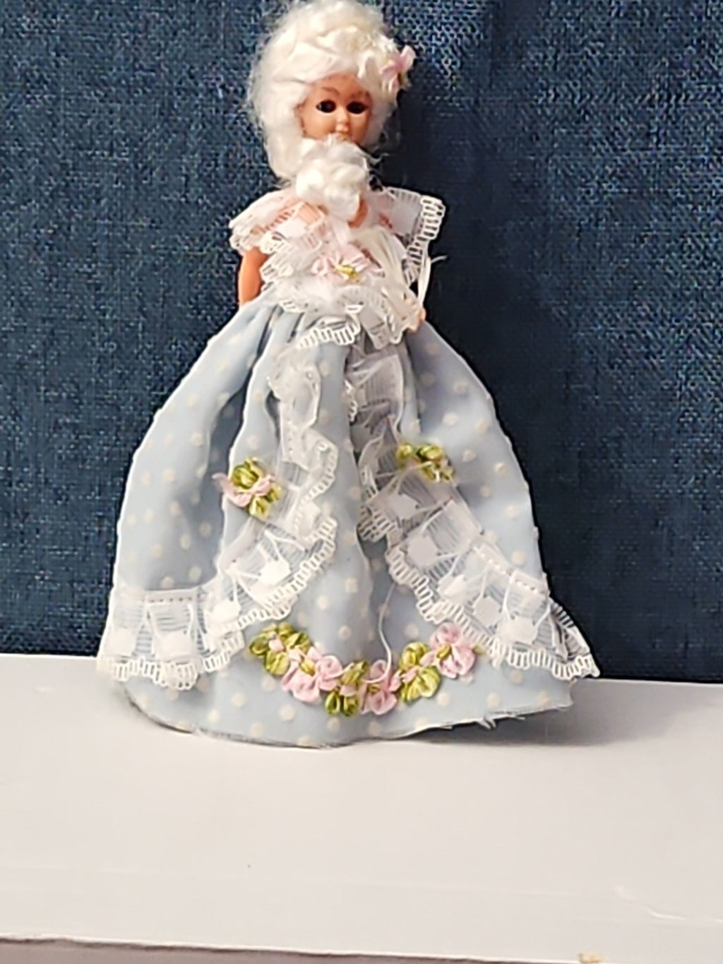 Vintage 5.5" Costume Doll | Blue Polka Dot Rococo Dress | Hard Plastic Souvenir