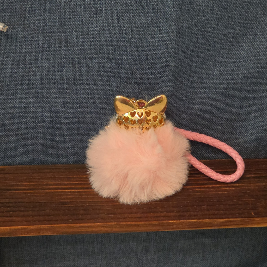 Pink Rhinestone Fox Pom Pom Keychain Charm Braided Strap
