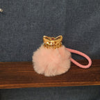 Pink Rhinestone Fox Pom Pom Keychain Charm Braided Strap