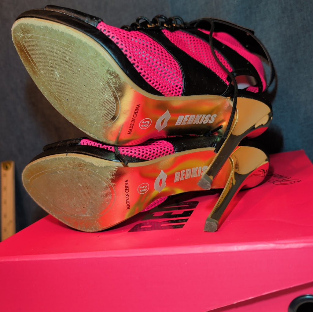 RedKiss Summer Stunner Heels Size 8.5 Pink Black Lace Up Caged Stiletto