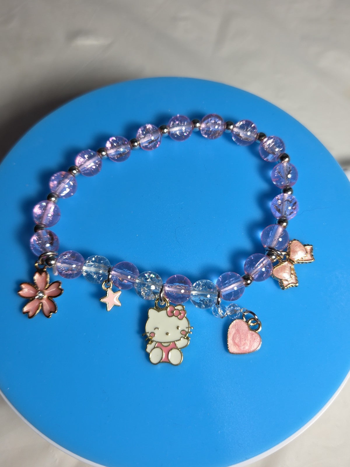 Kawaii Kitty Pink Beaded Stretch Charm Bracelet Y2K