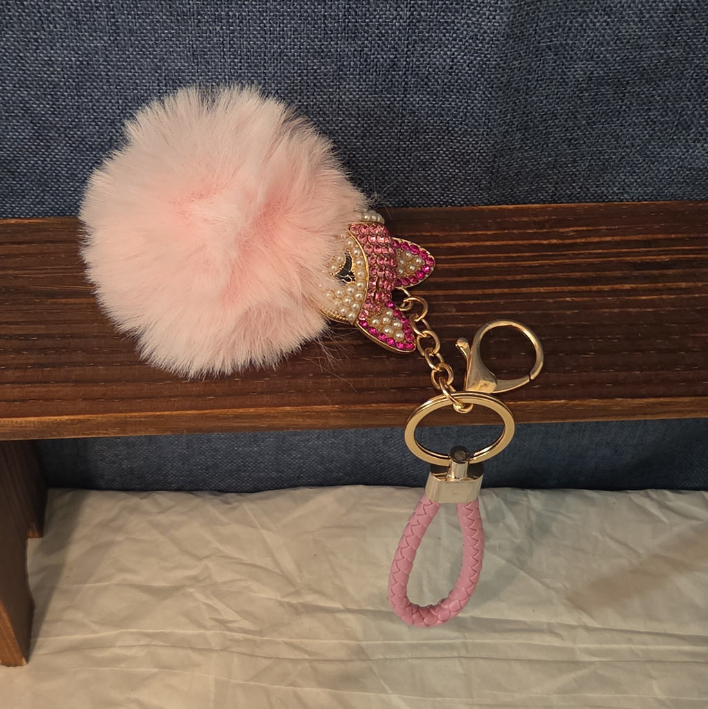 Pink Rhinestone Fox Pom Pom Keychain Charm Braided Strap