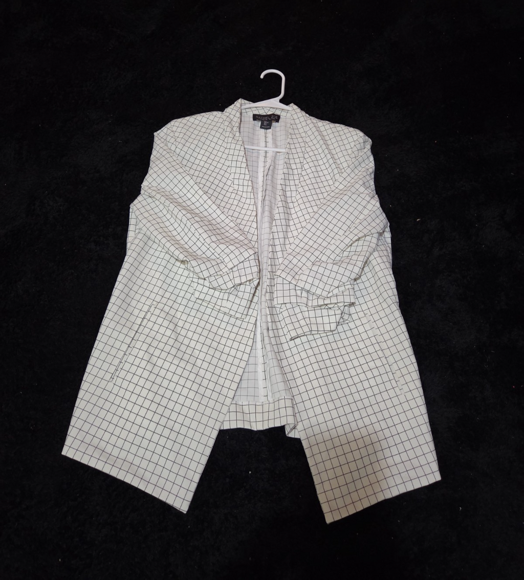 Rachel Zoe Open Front Blazer Women's S White Black Check 3/4 Sleeve Ruche Size L