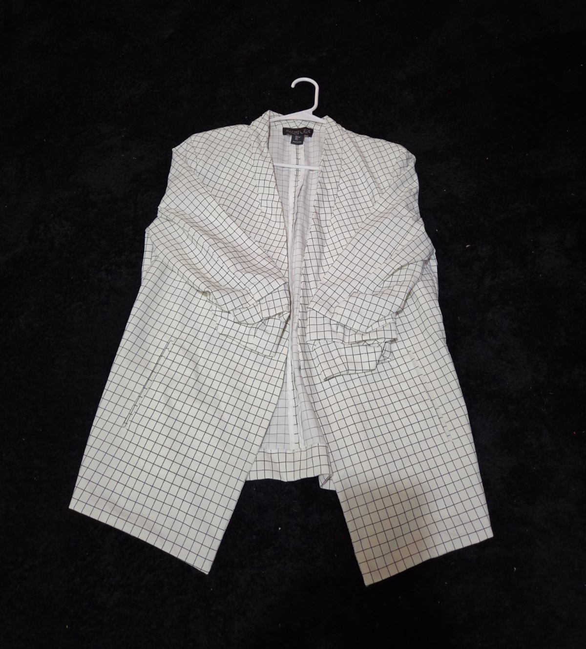 Rachel Zoe Open Front Blazer Women's S White Black Check 3/4 Sleeve Ruche Size L