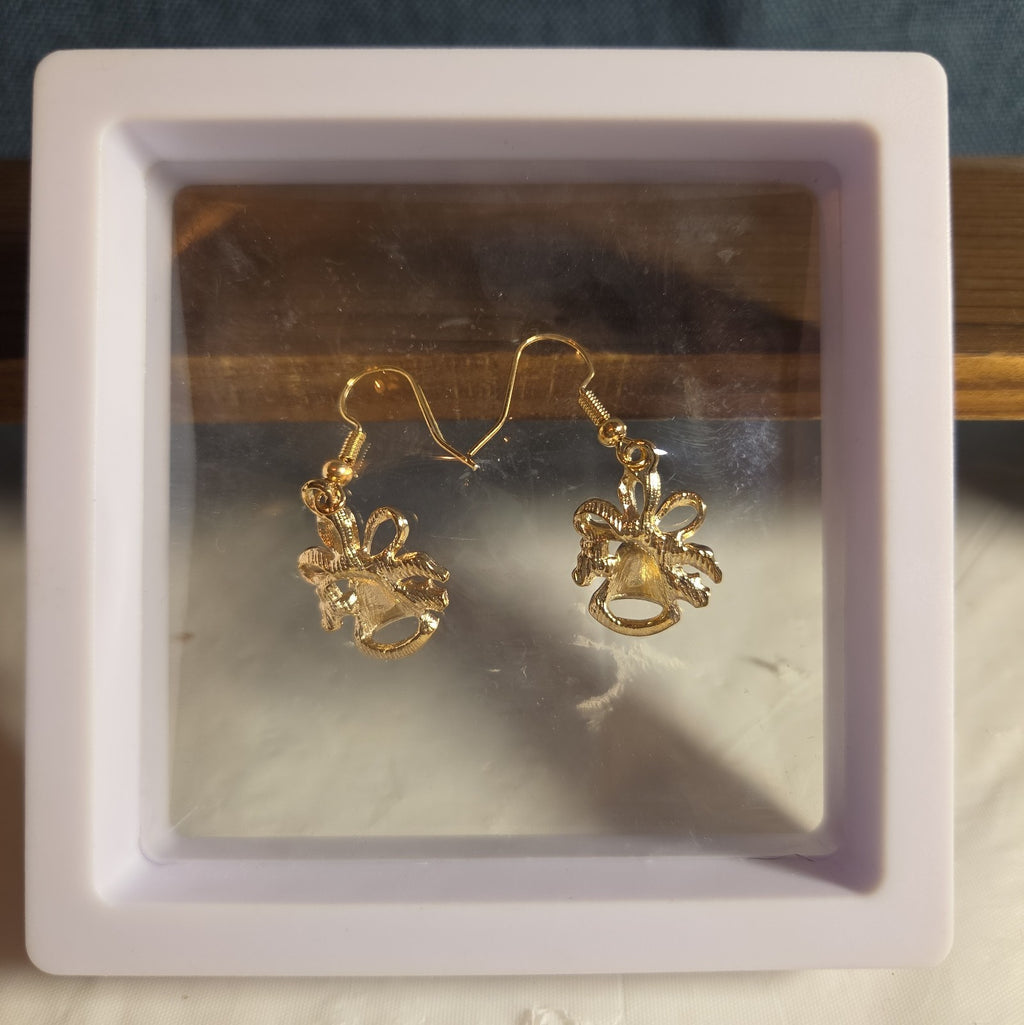 Gold Christmas Bells Drop Earrings 3/4" Red Enamel