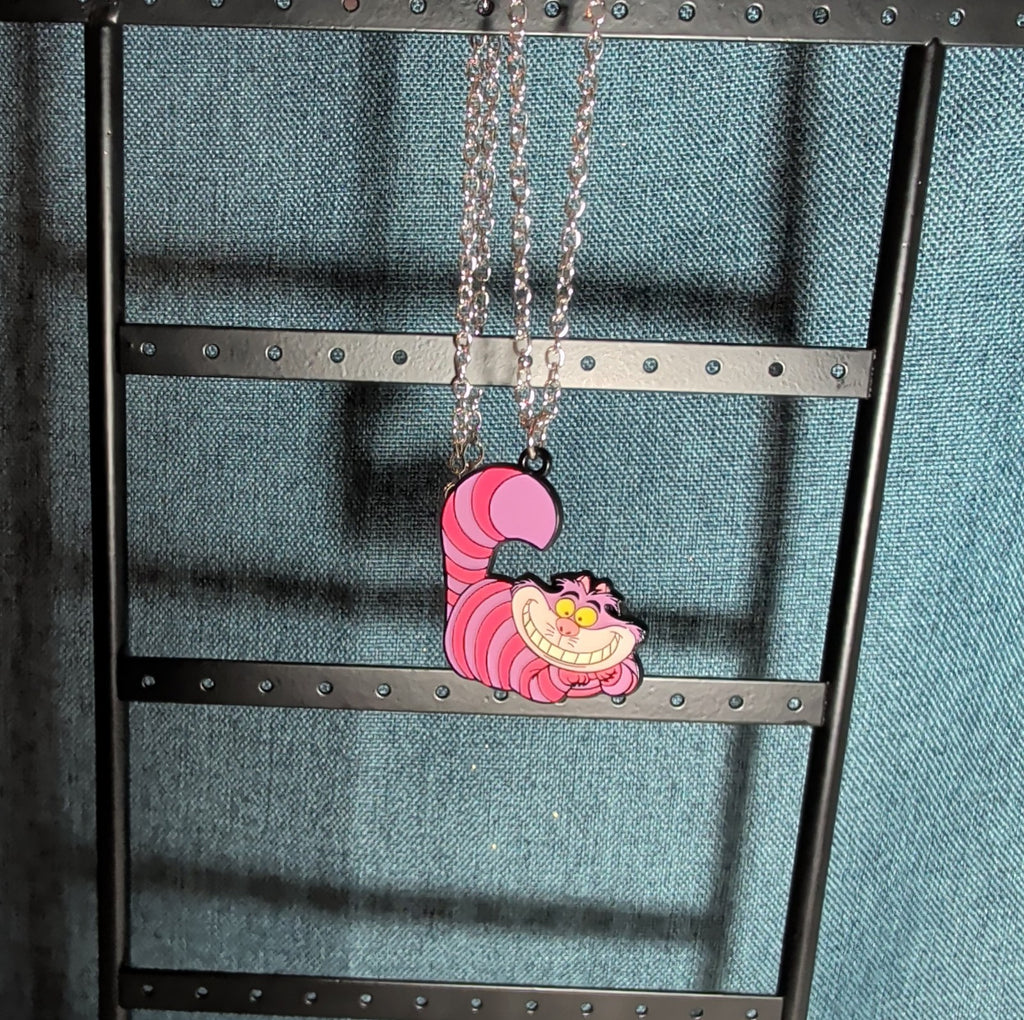 Cheshire Cat Necklace Pink Enamel Silver Tone Pop Culture