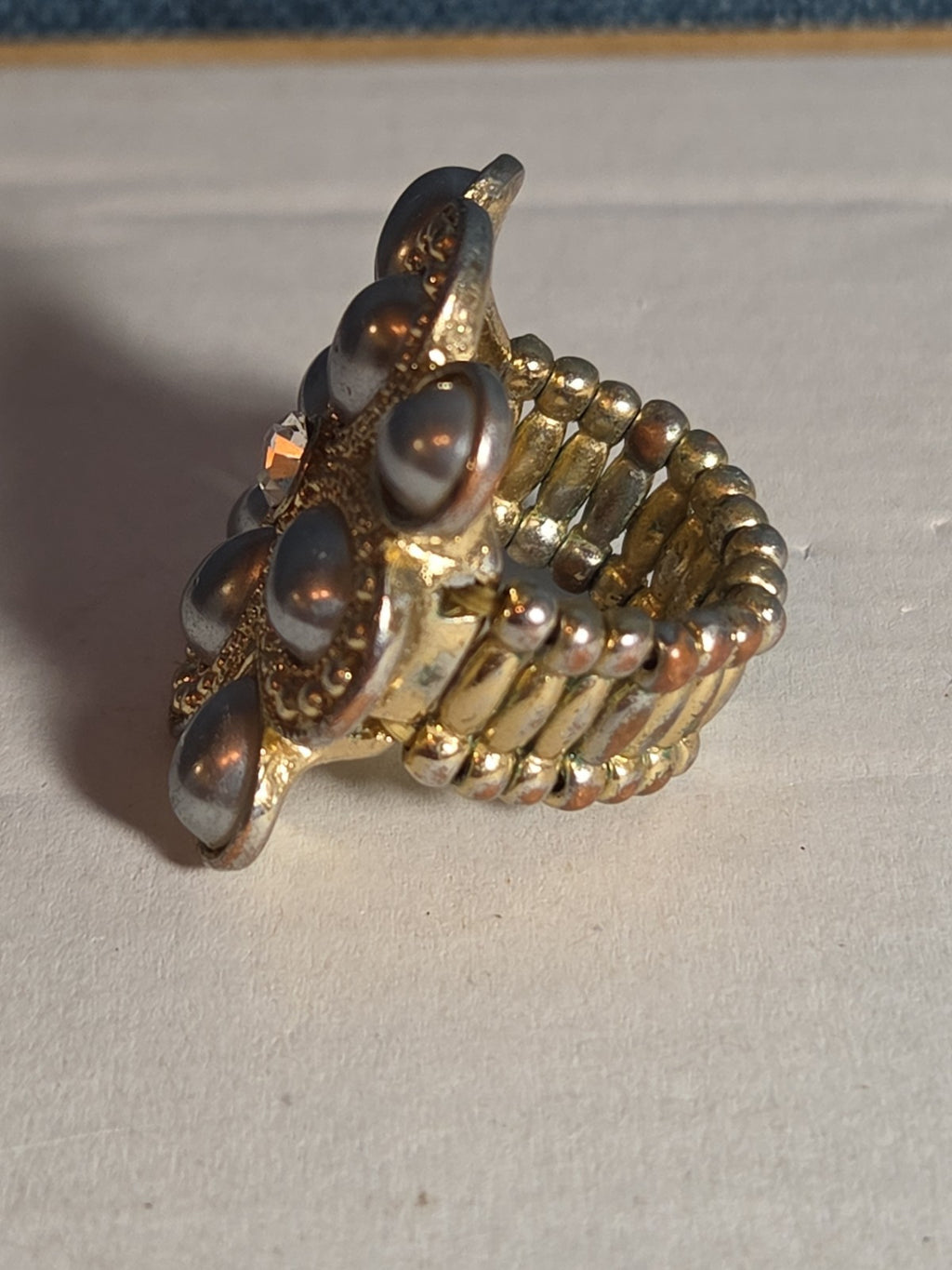 Sarah Coventry Pearl Rhinestone Flower Ring Vintage  Adjustable