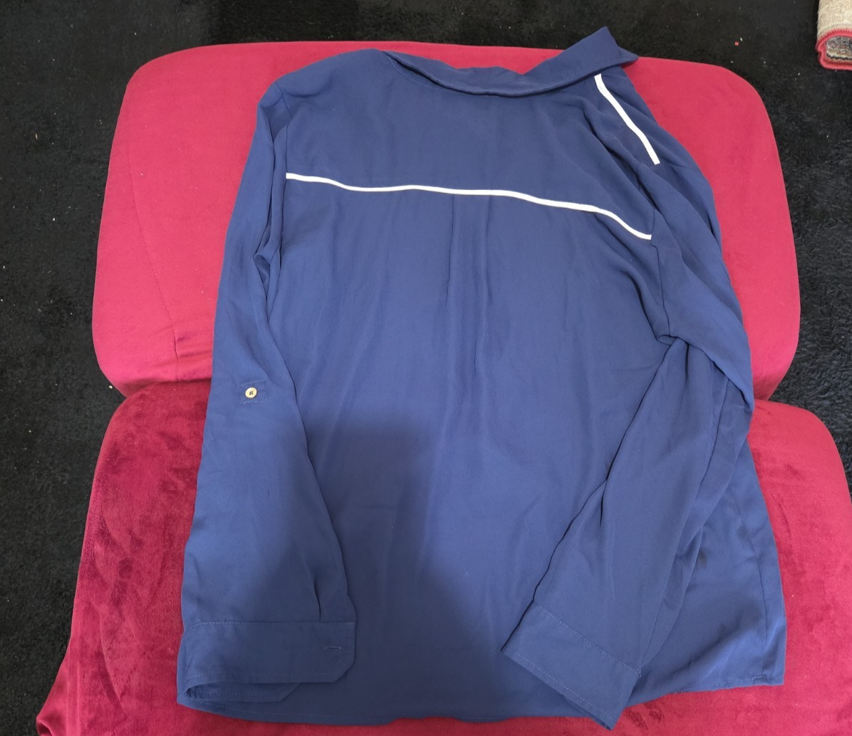 Michael Kors Blouse XL Navy Blue Zip Front Roll Tab Sleeve Shirt Gently Used