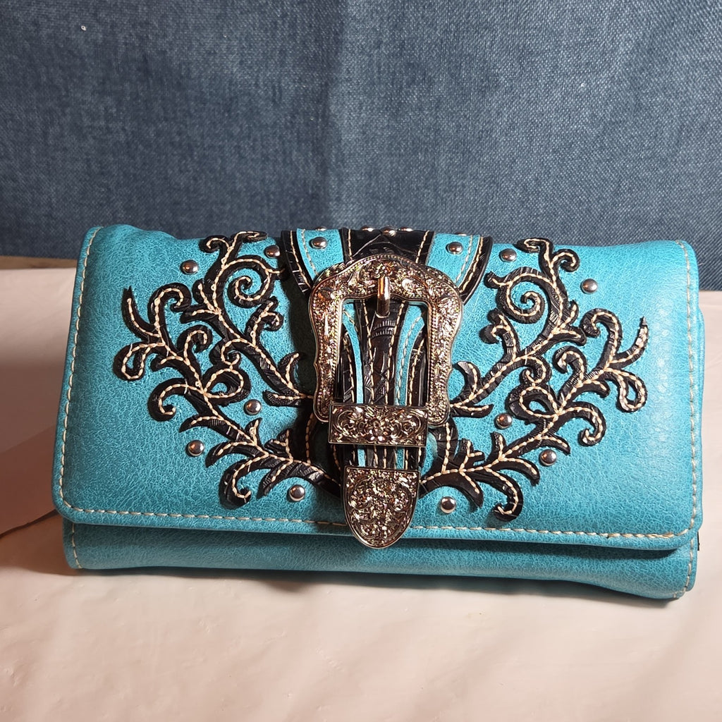 Turquoise Western Buckle Floral Trifold Crossbody Wallet NWT