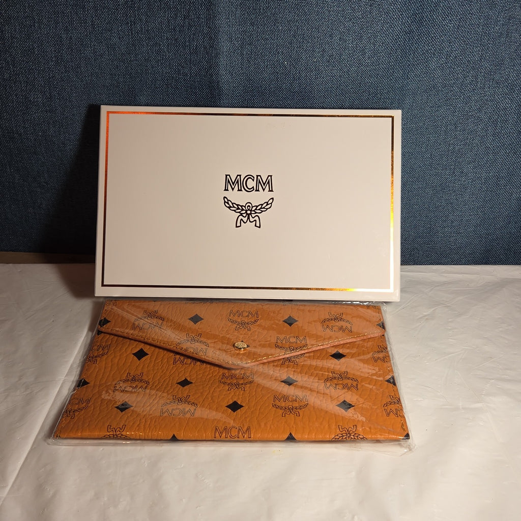 MCM Visetos Envelope Pouch Cognac Monogram Beauty Clutch NIB 200838