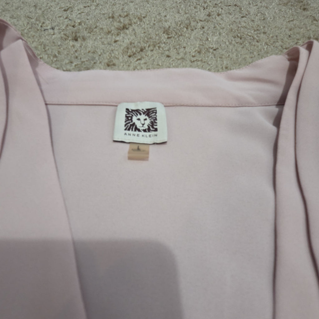 Anne Klein Blouse L Pink Tie Neck V-Neck Long Sleeve Career Top