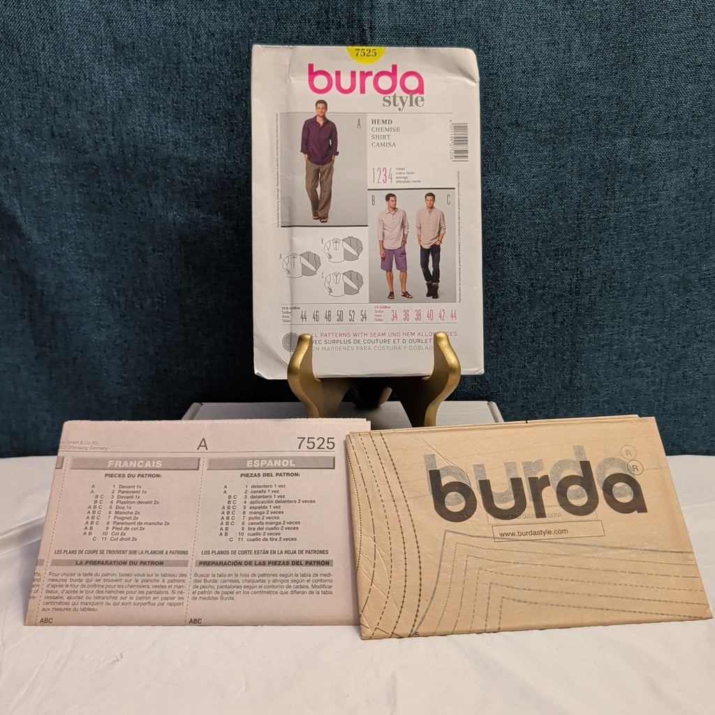 Burda 7525 Men's Shirt Pattern Button Up Tuxedo Bib Band Collar SZ 34-44 UNCUT