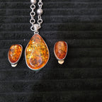 Vintage Faux Amber Necklace Clip On Earrings Set Silver Tone Teardrop Shimmer