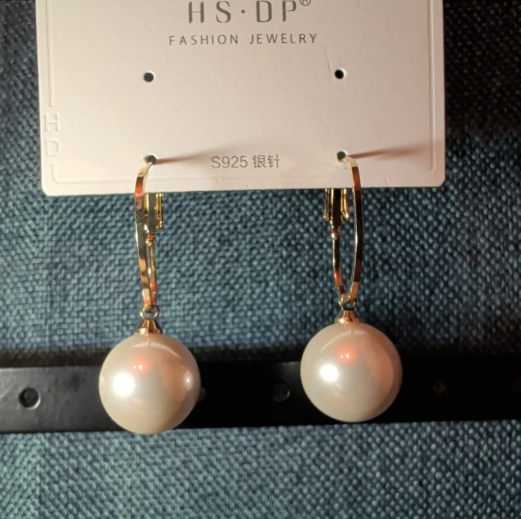 HS DP Fashion Pearl Drop Hoop Earrings 14K Gold Plated S925 Post Classic