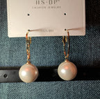 HS DP Fashion Pearl Drop Hoop Earrings 14K Gold Plated S925 Post Classic