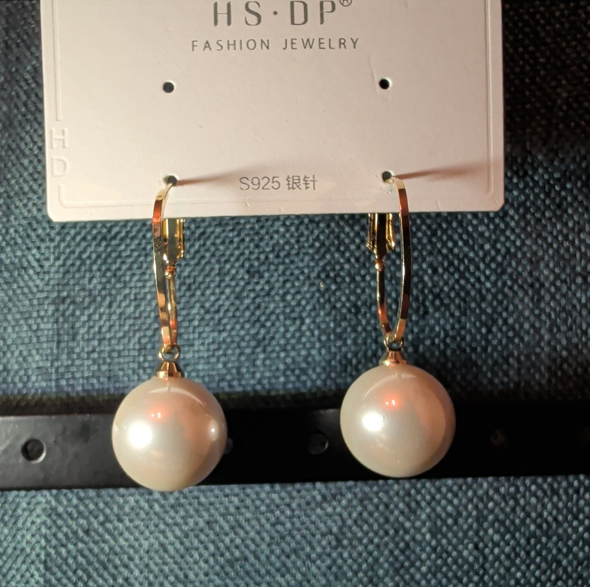 HS DP Fashion Pearl Drop Hoop Earrings 14K Gold Plated S925 Post Classic