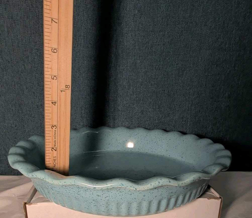 Paula Deen Pie Plate Robin's Egg Blue Speckled Stoneware 11.25" Ruffled Edge