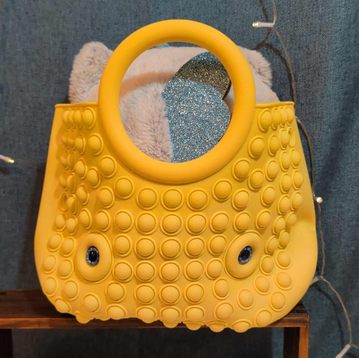 Large Yellow Pop Fidget Toy Silicone Handbag Tote Blue Eyes Kidcore
