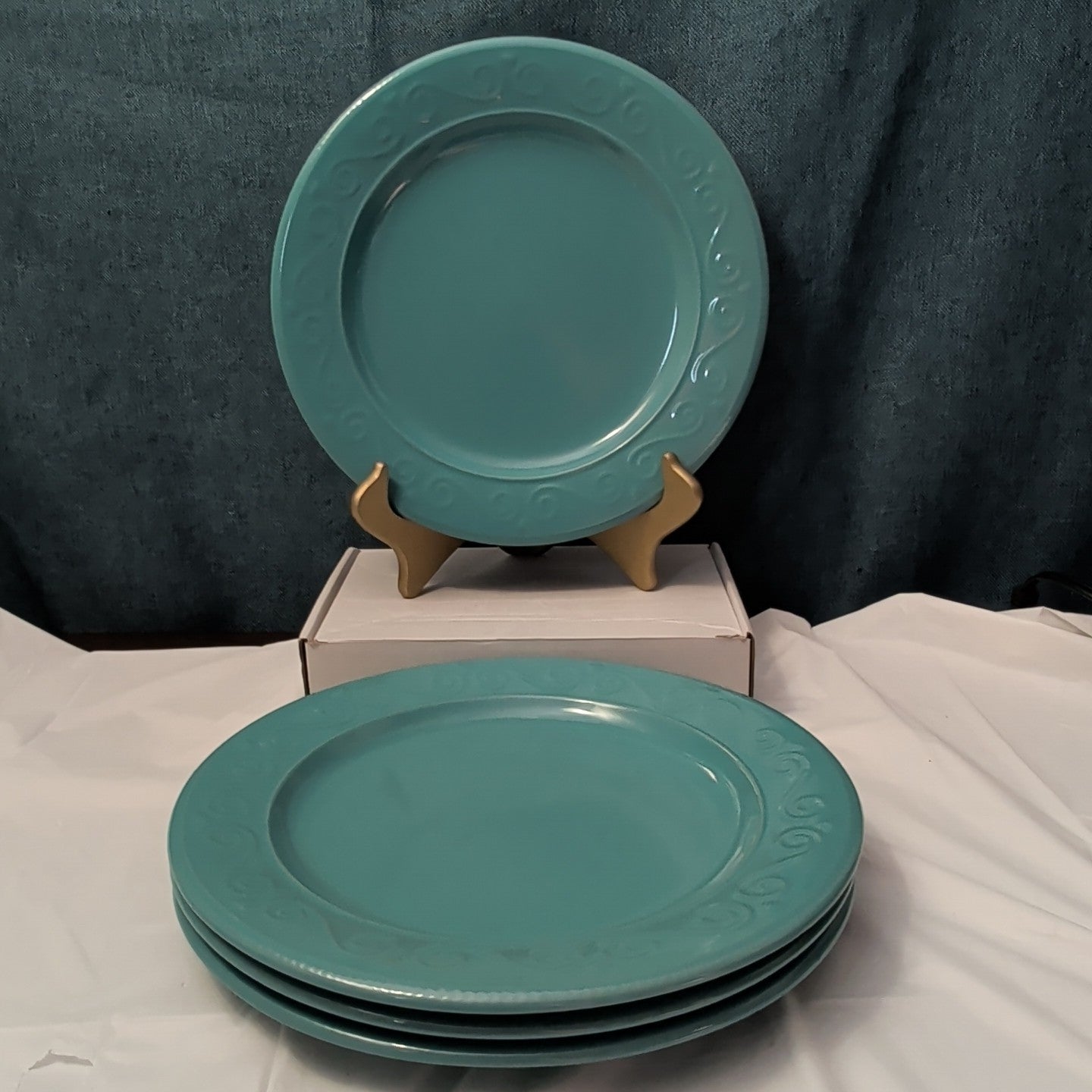 Set of 4 Royal Norfolk Dinner Plates Turquoise Teal Blue Scrolls Rim 10.5"