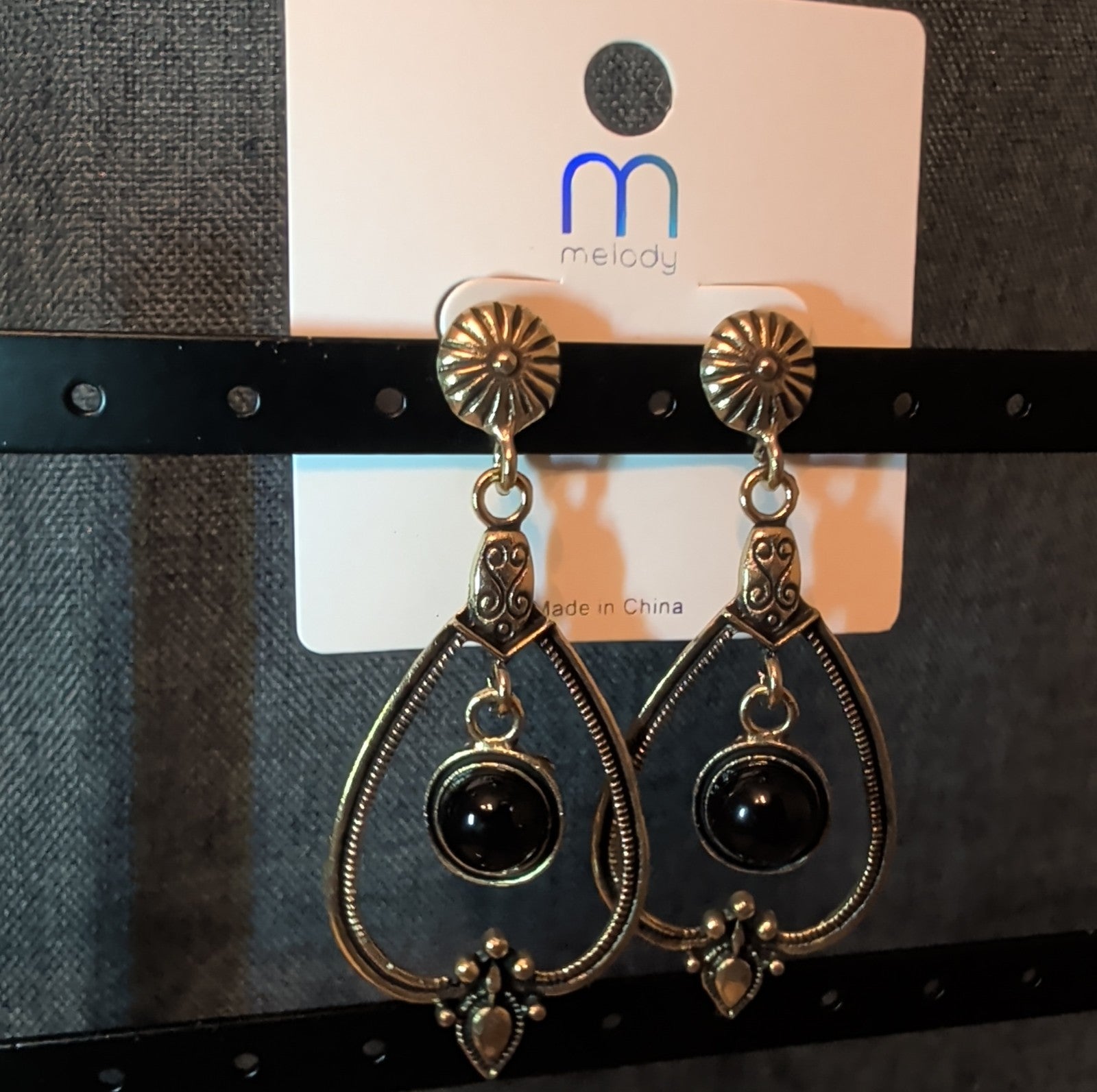 Melody Boho Western Dangle Earrings Gold Tone Black Bead Vintage Vibe