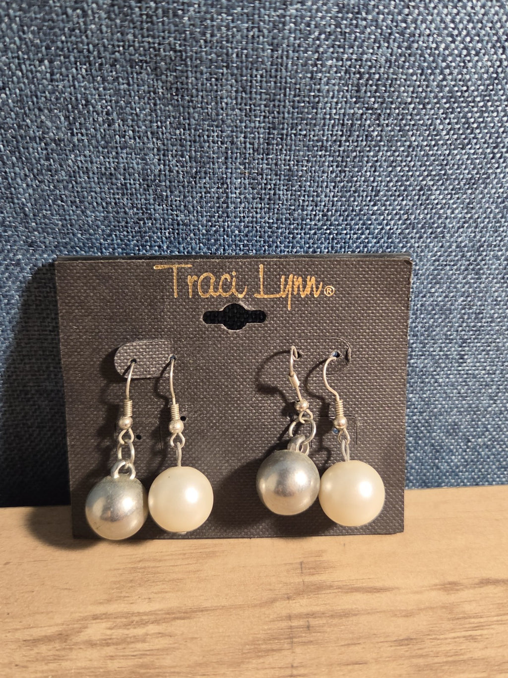 Traci Lynn Faux Pearl Silver Ball Hook Drop Earrings