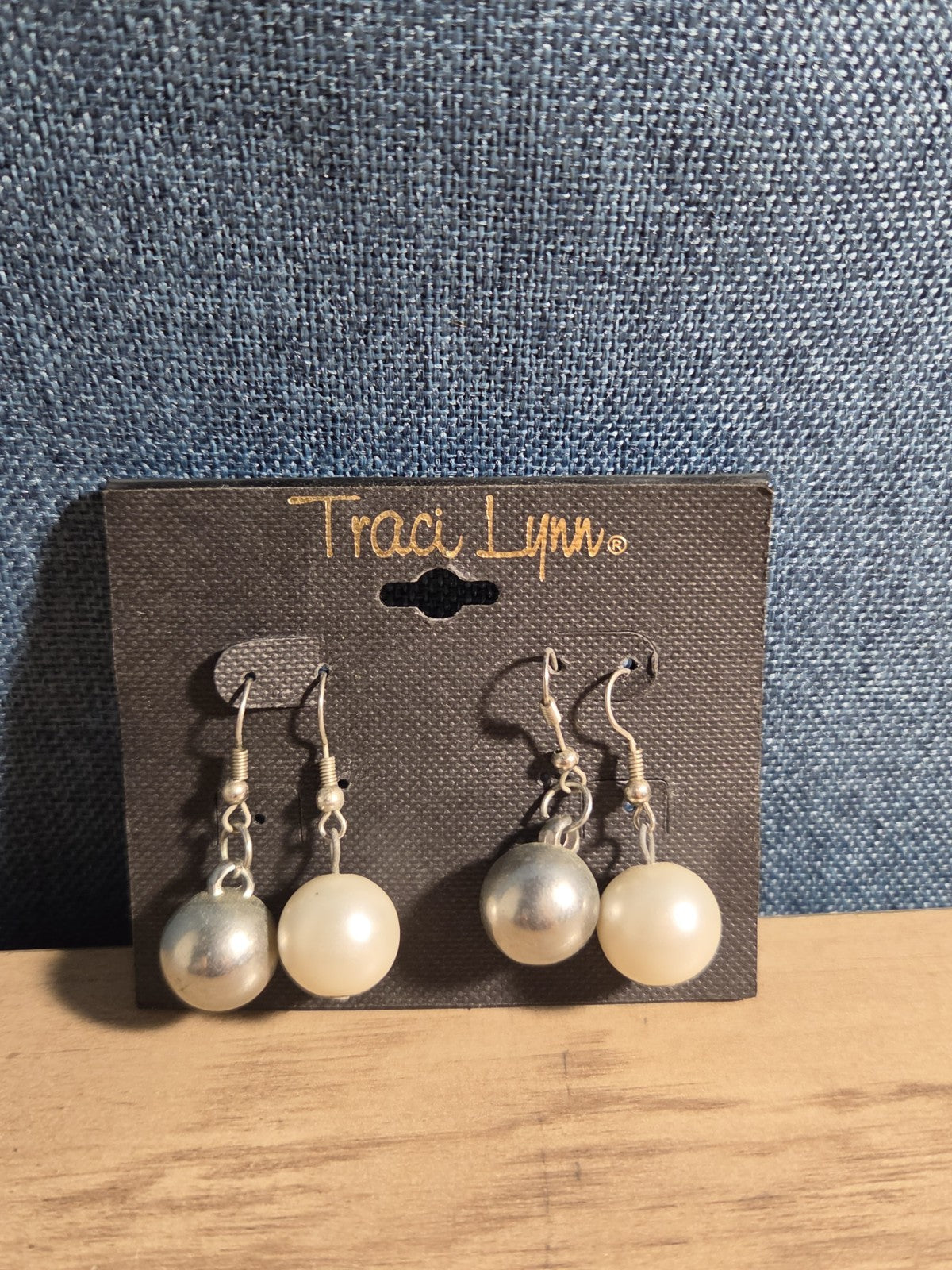 Traci Lynn Faux Pearl Silver Ball Hook Drop Earrings