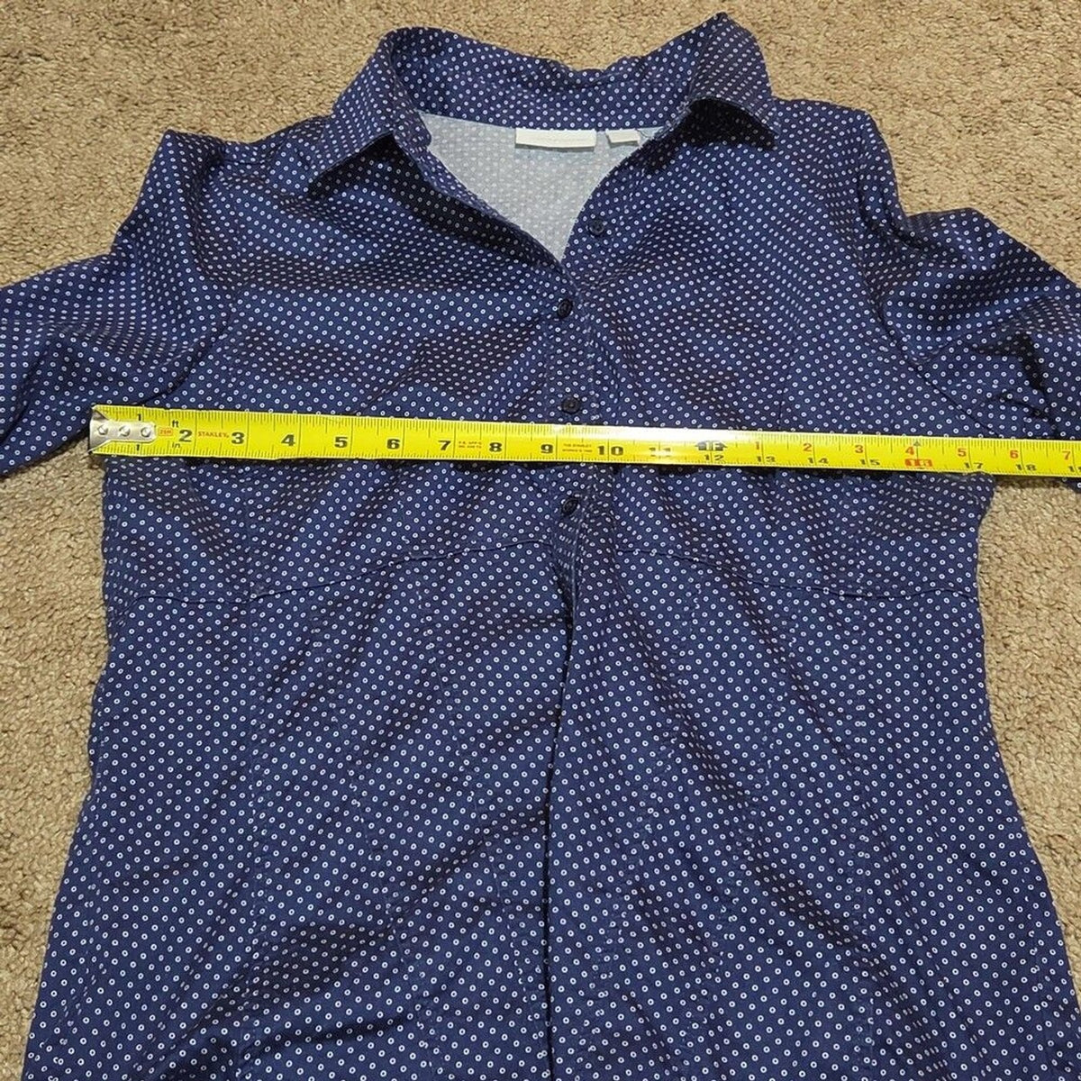 New York & Company Blouse Blue Polka Dot Button Down Office Wear Used Size L