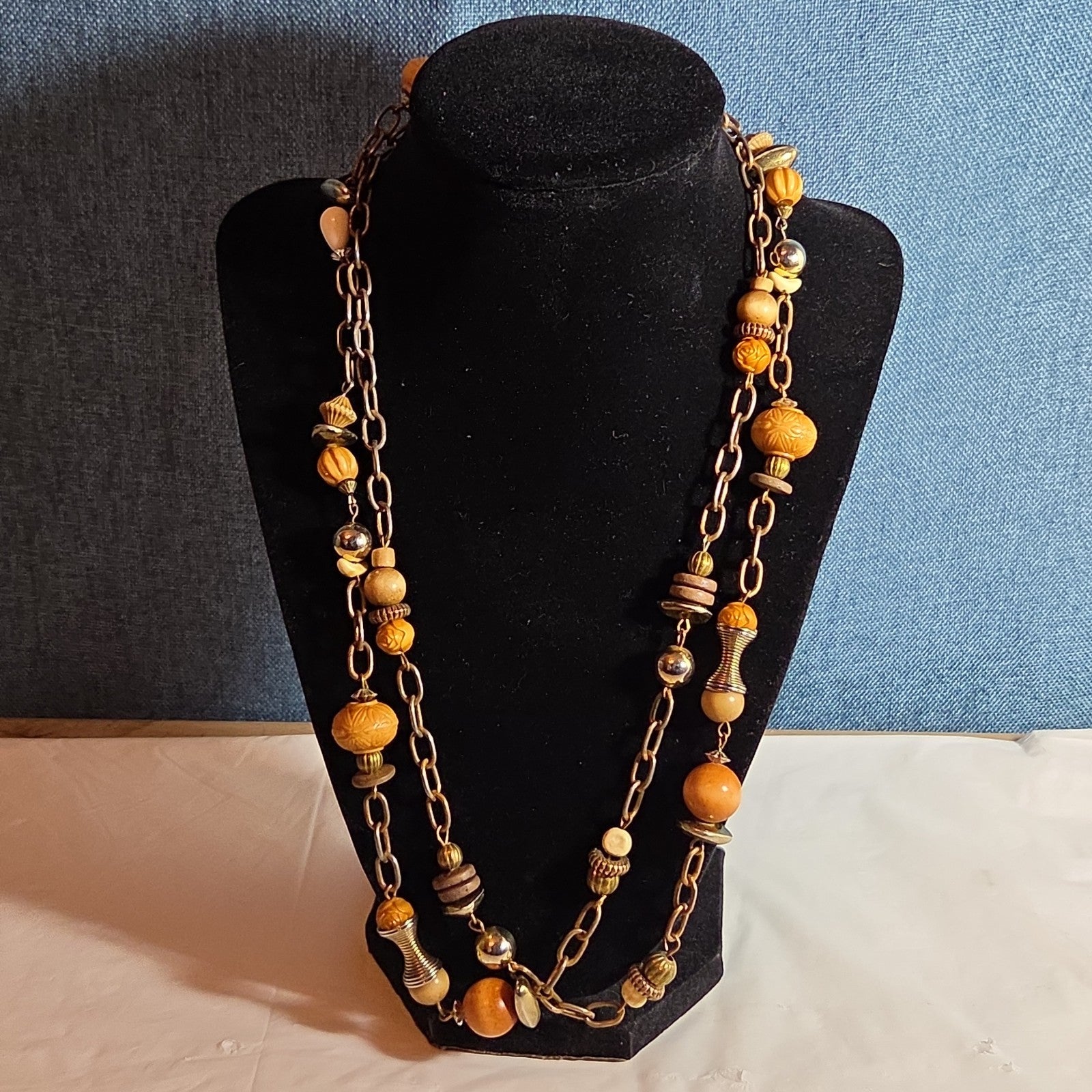 Earth Tone Bead Coppertone Chain Necklace Boho 70s Vibe