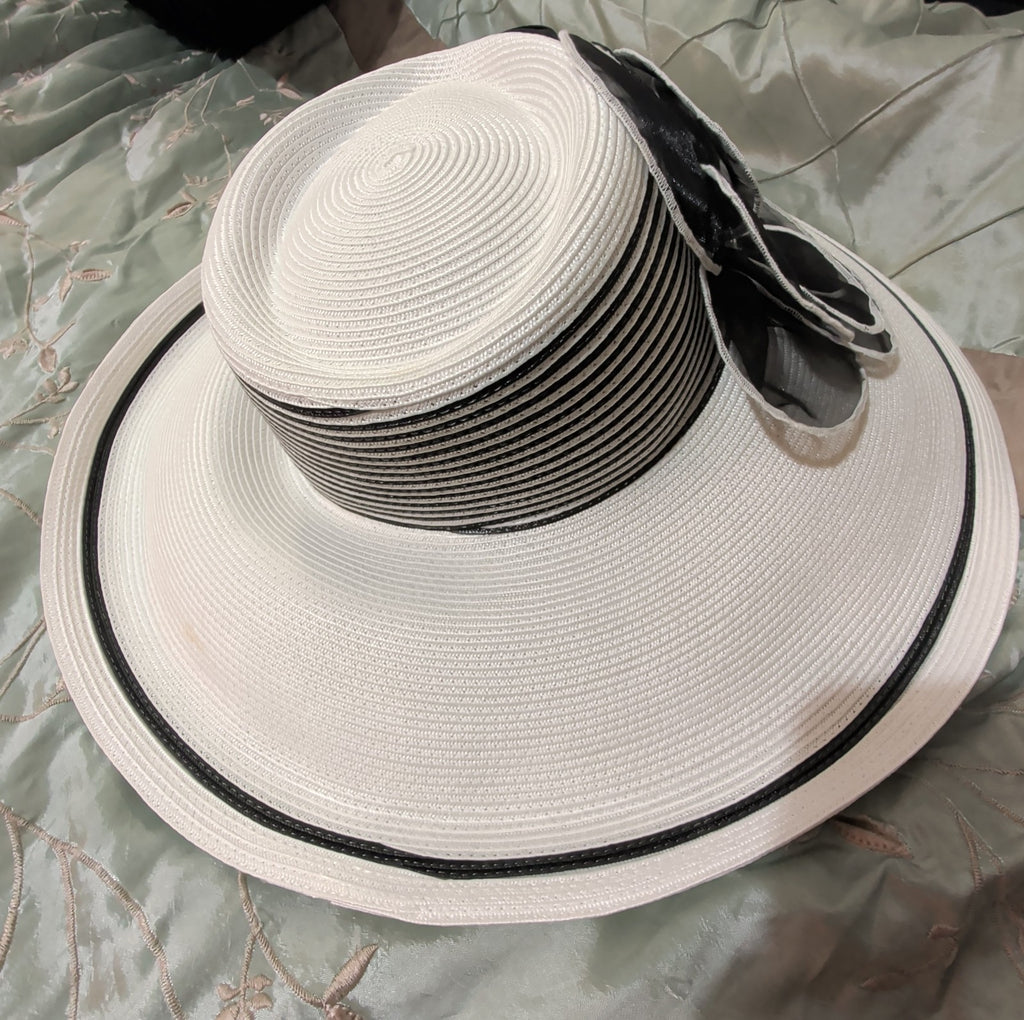 Tuscany Wide Brim Church Derby Dress Hat Black White Flower Bow Ribbon