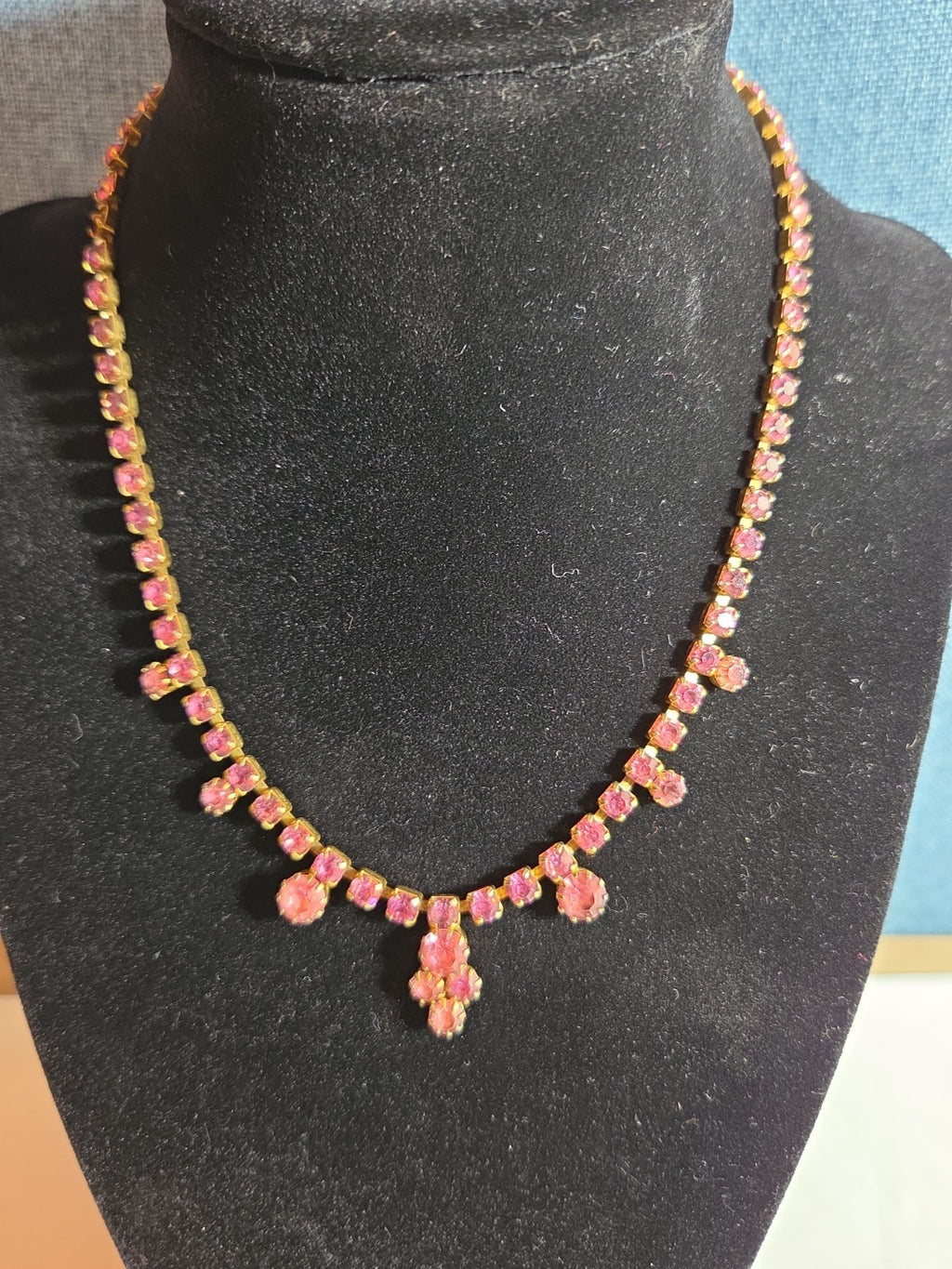 Fringe Necklace Pink Rhinestone Gold Tone Retro Glam