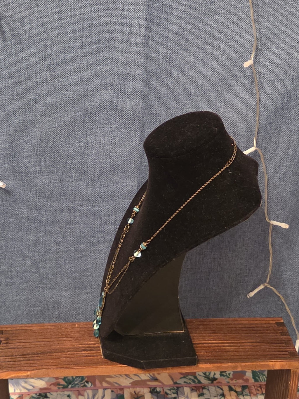 Lia Sophia Blue Bead Double Loop Necklace Antique Gold Tone Boho
