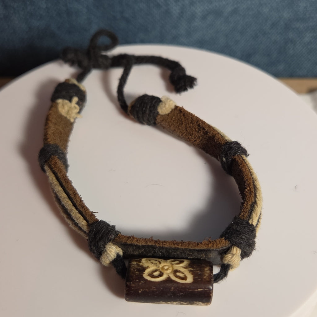 Boho Tribal Leather Cord Bracelet Carved Bead Unisex