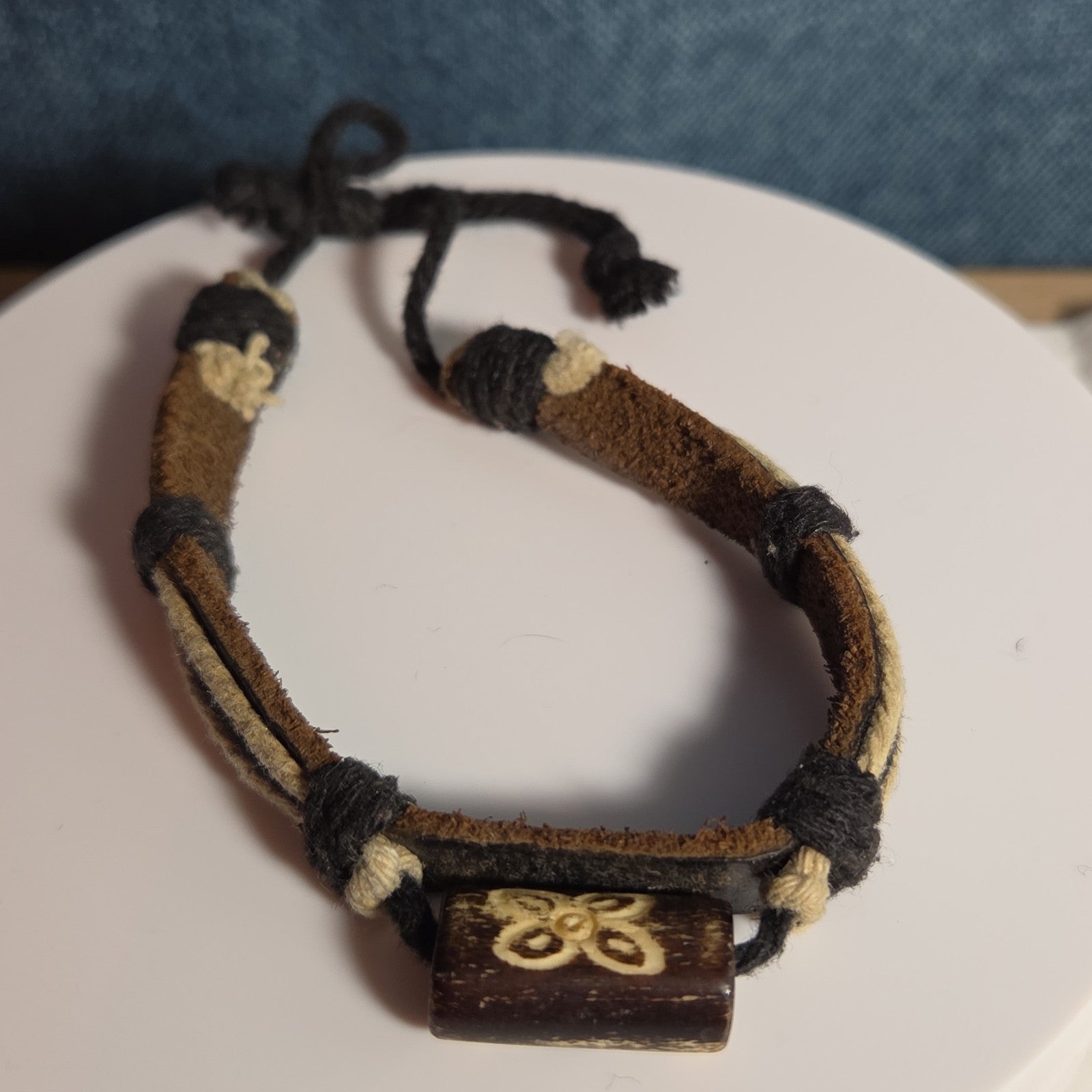 Boho Tribal Leather Cord Bracelet Carved Bead Unisex