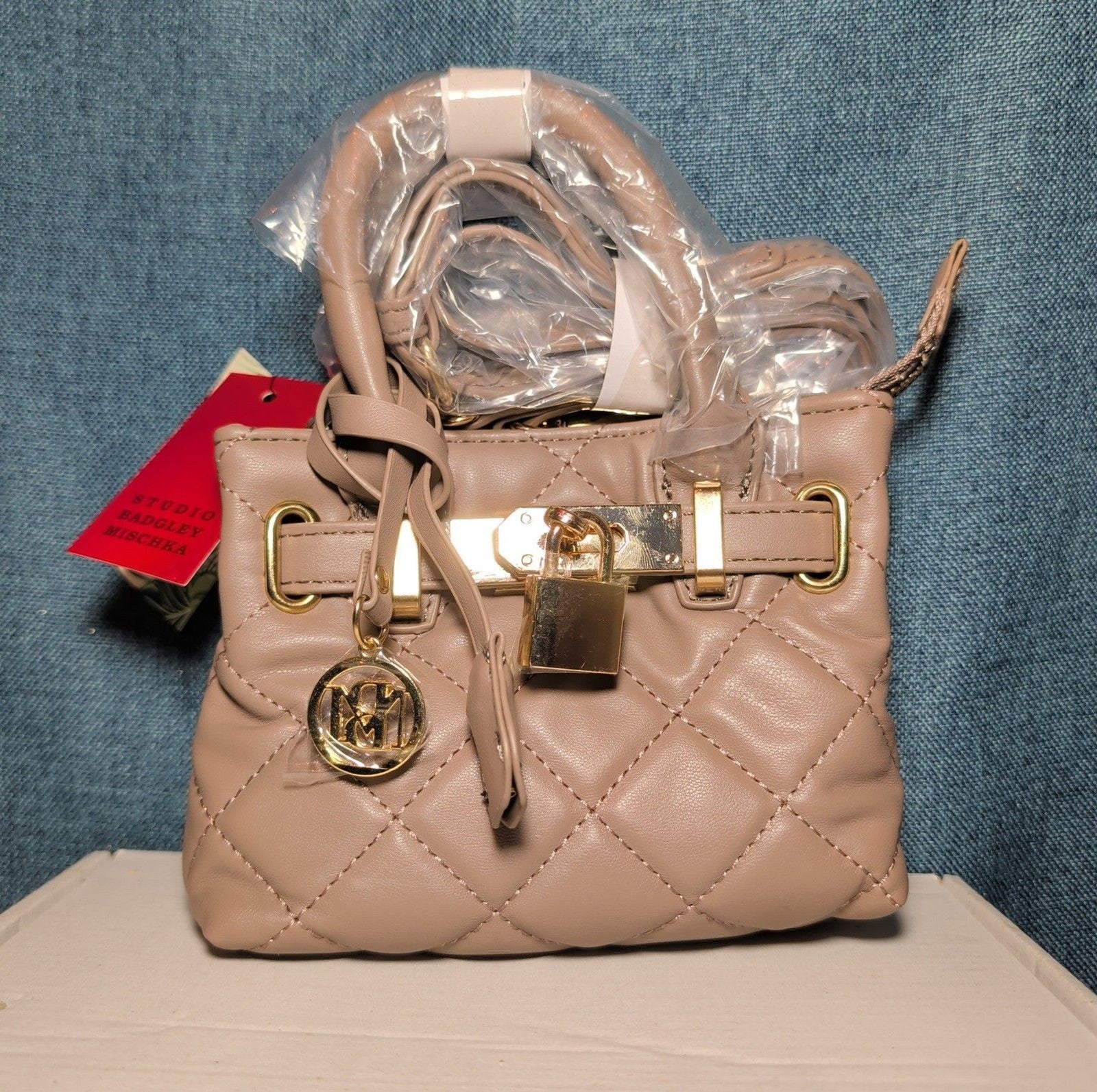 Studio Badgley Mischka Quilted Mini Tote Taupe Vegan Leather NWT