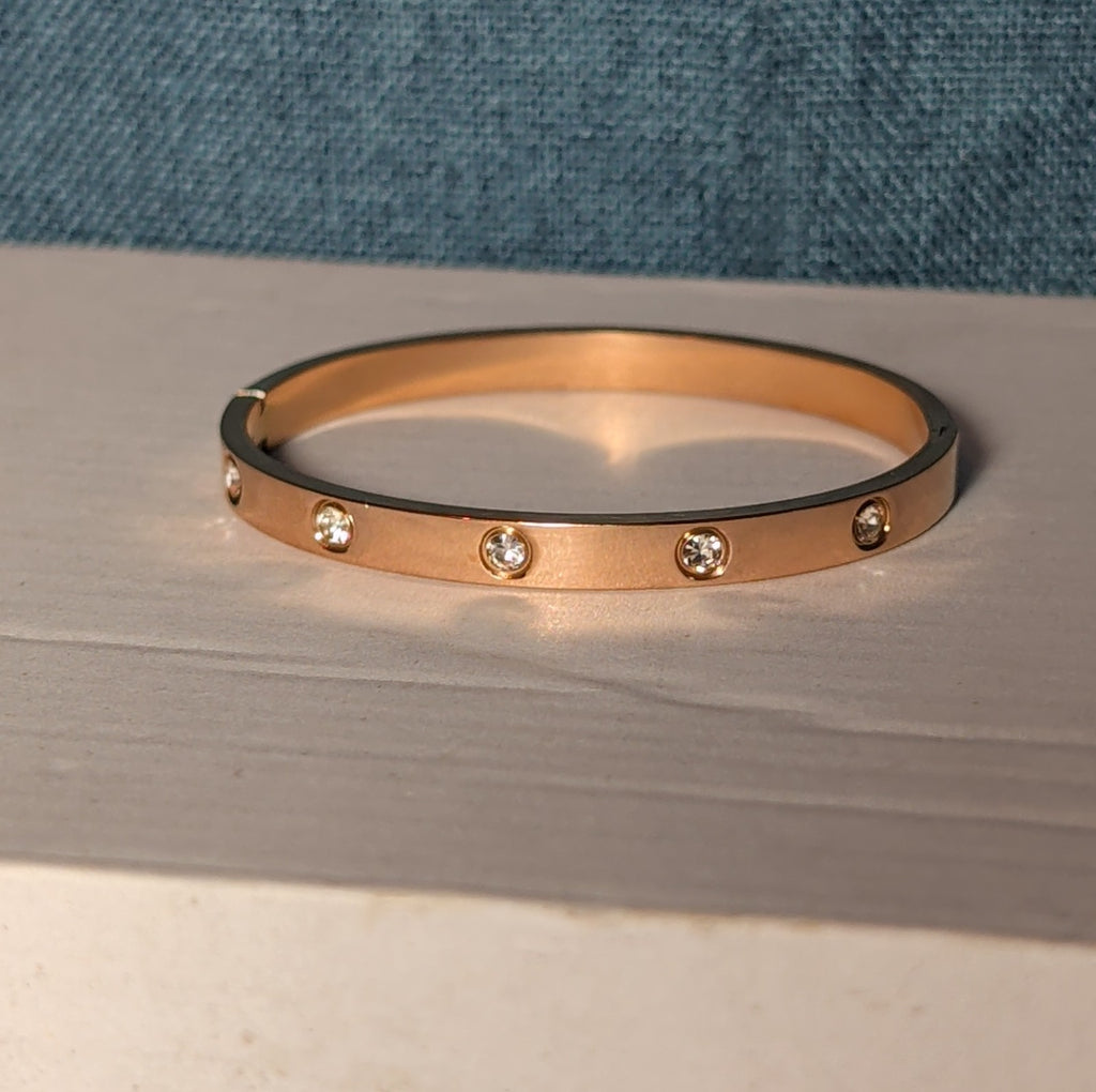 Hinged Bangle Copper Rose Gold Tone Rhinestone