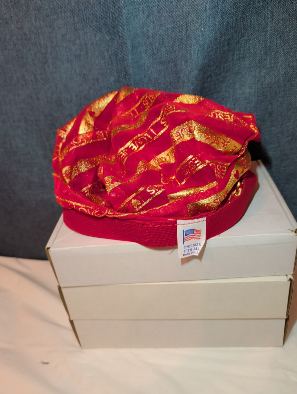 I Love Jesus Satin Hair Bonnet Sleep Cap Red Gold Glitter OS Made in USA