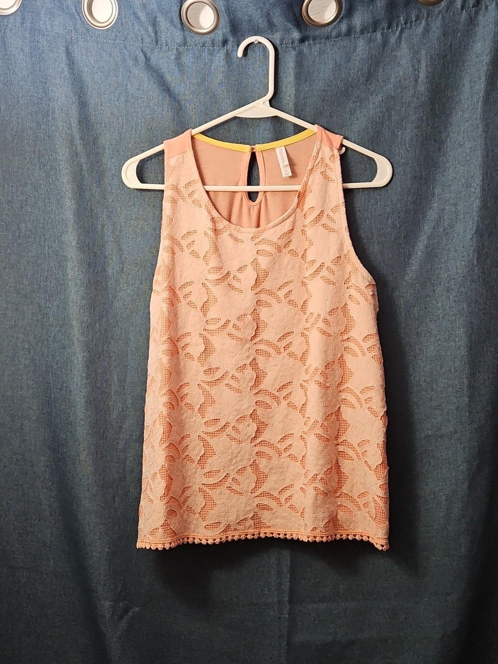Xhilaration Peach Lace Overlay Tank Top with Pom-Pom Trim