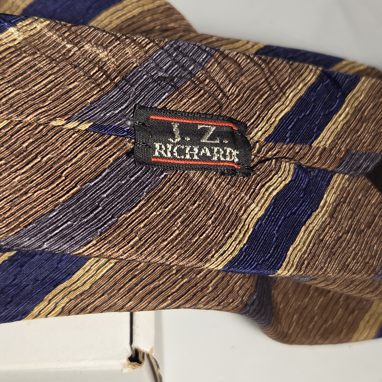 J.Z. Richards Silk Tie Edwards Michigan Brown Blue Stripe Frayed As Is Vest Tie