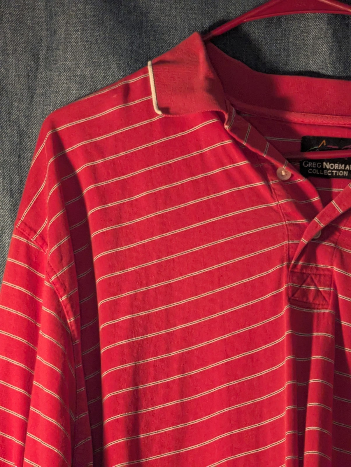 Greg Norman Collection Men's L 100% Cotton Red White Stripe Golf Polo Shark Logo
