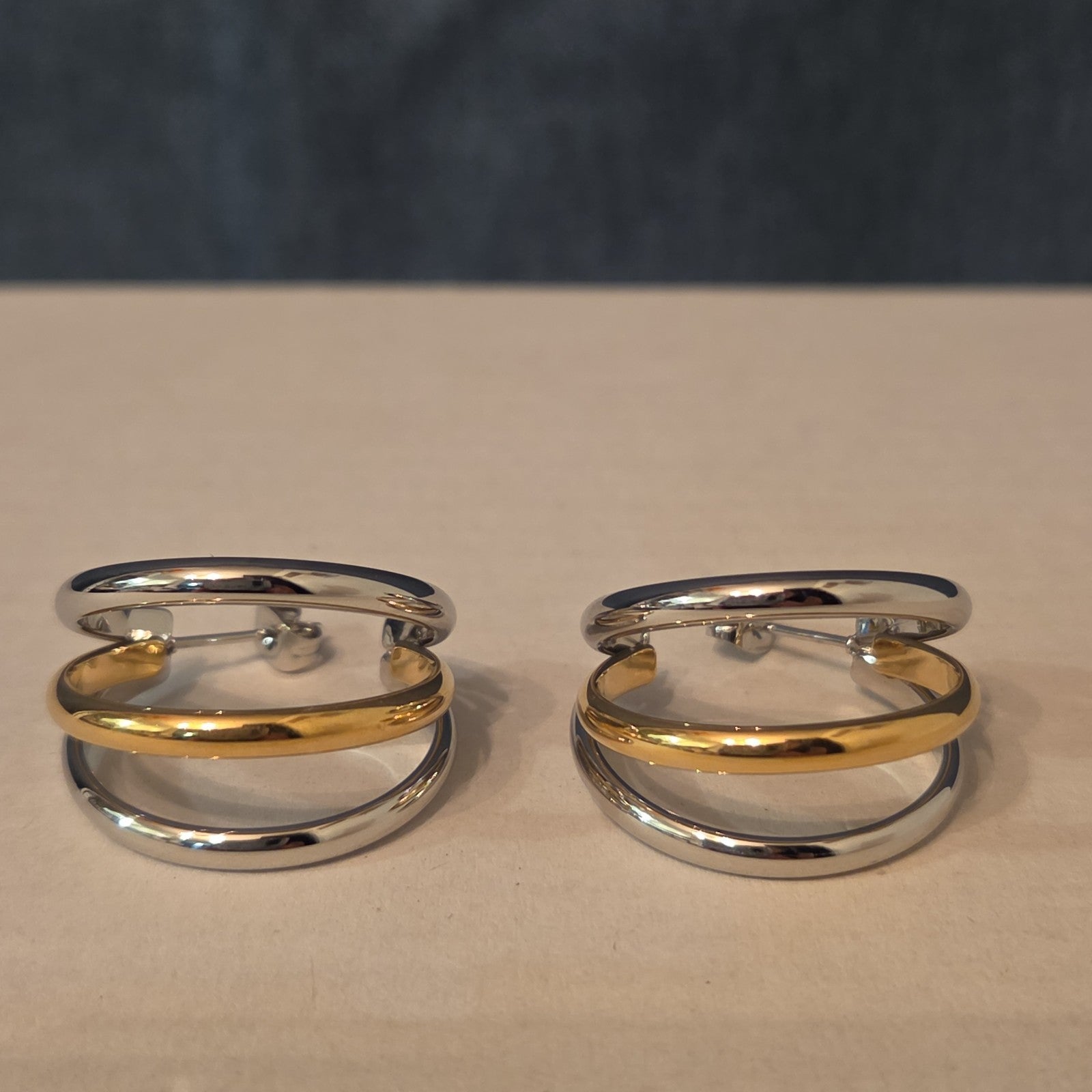 Triple Hoop Mixed Metal Gold Silver Tone Earrings Modern
