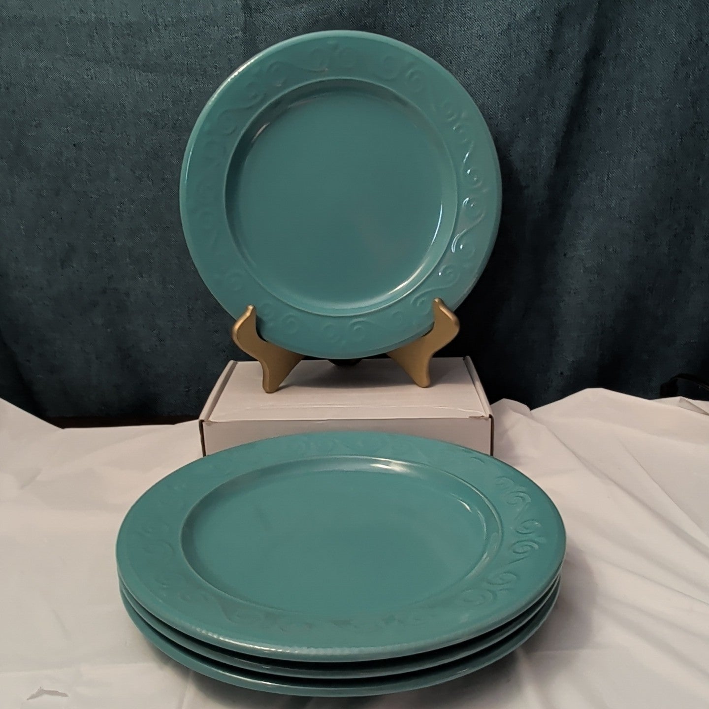 Set of 4 Royal Norfolk Dinner Plates Turquoise Teal Blue Scrolls Rim 10.5"