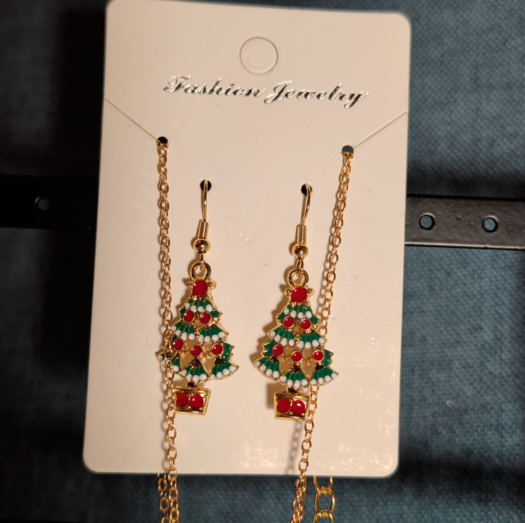 Christmas Tree Necklace Earring Set Gold Tone Enamel Holiday