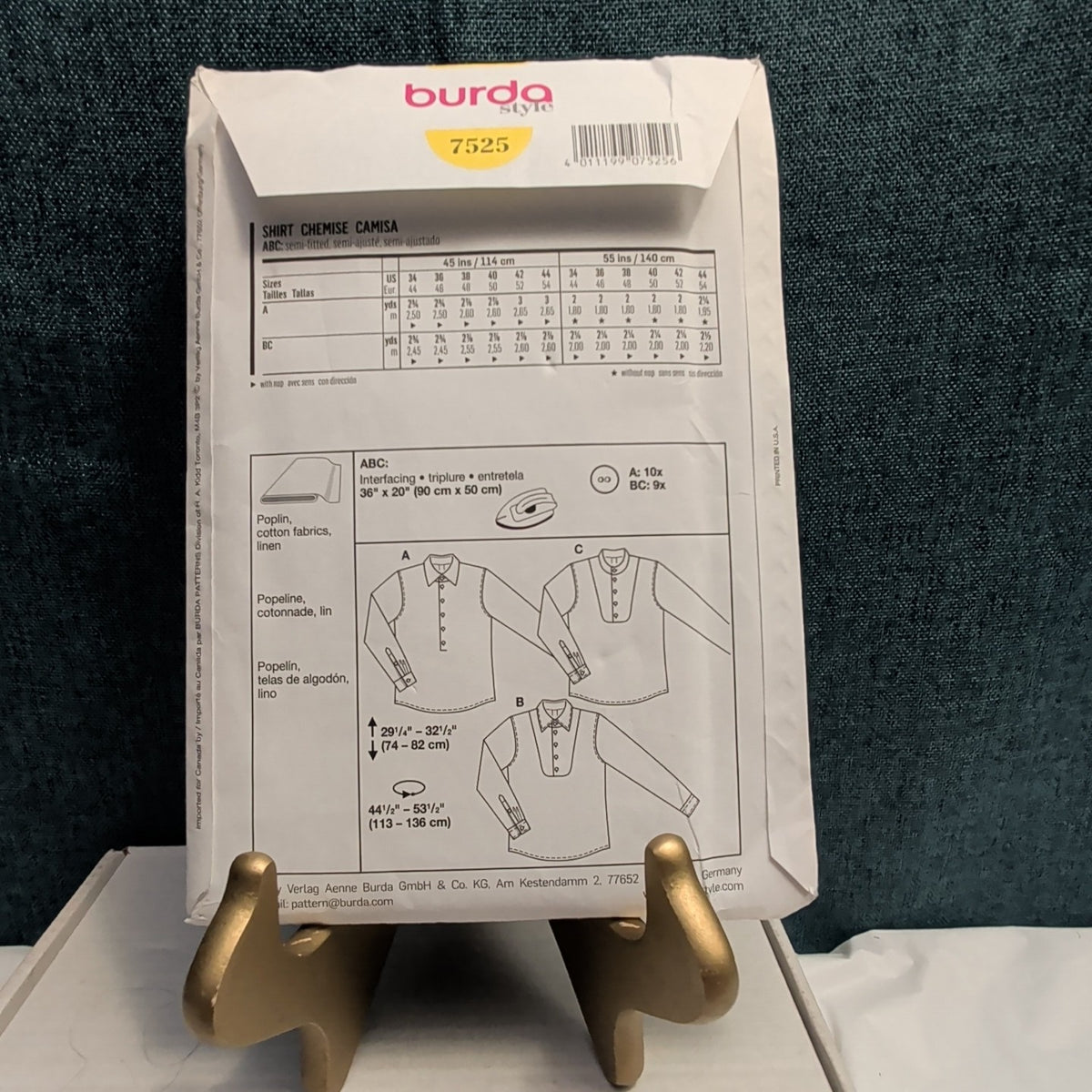 Burda 7525 Men's Shirt Pattern Button Up Tuxedo Bib Band Collar SZ 34-44 UNCUT