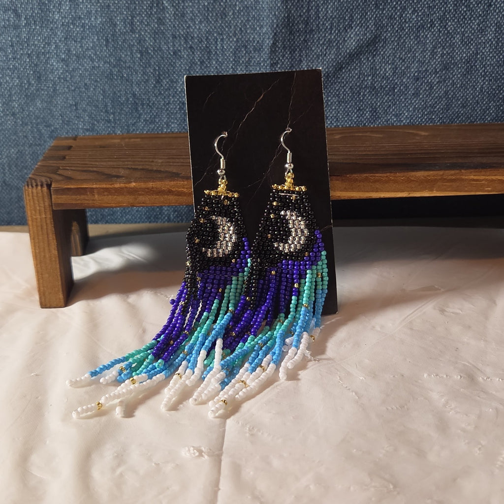 Boho Celestial Moon Seed Bead Fringe Dangle Earrings