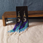 Boho Celestial Moon Seed Bead Fringe Dangle Earrings