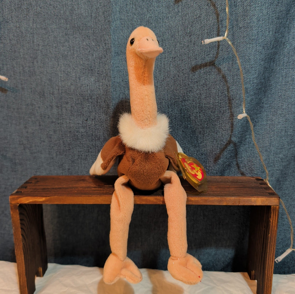 TY Beanie Baby Stretch Ostrich Plush PE Pellets 1997 Vintage With Heart Protect