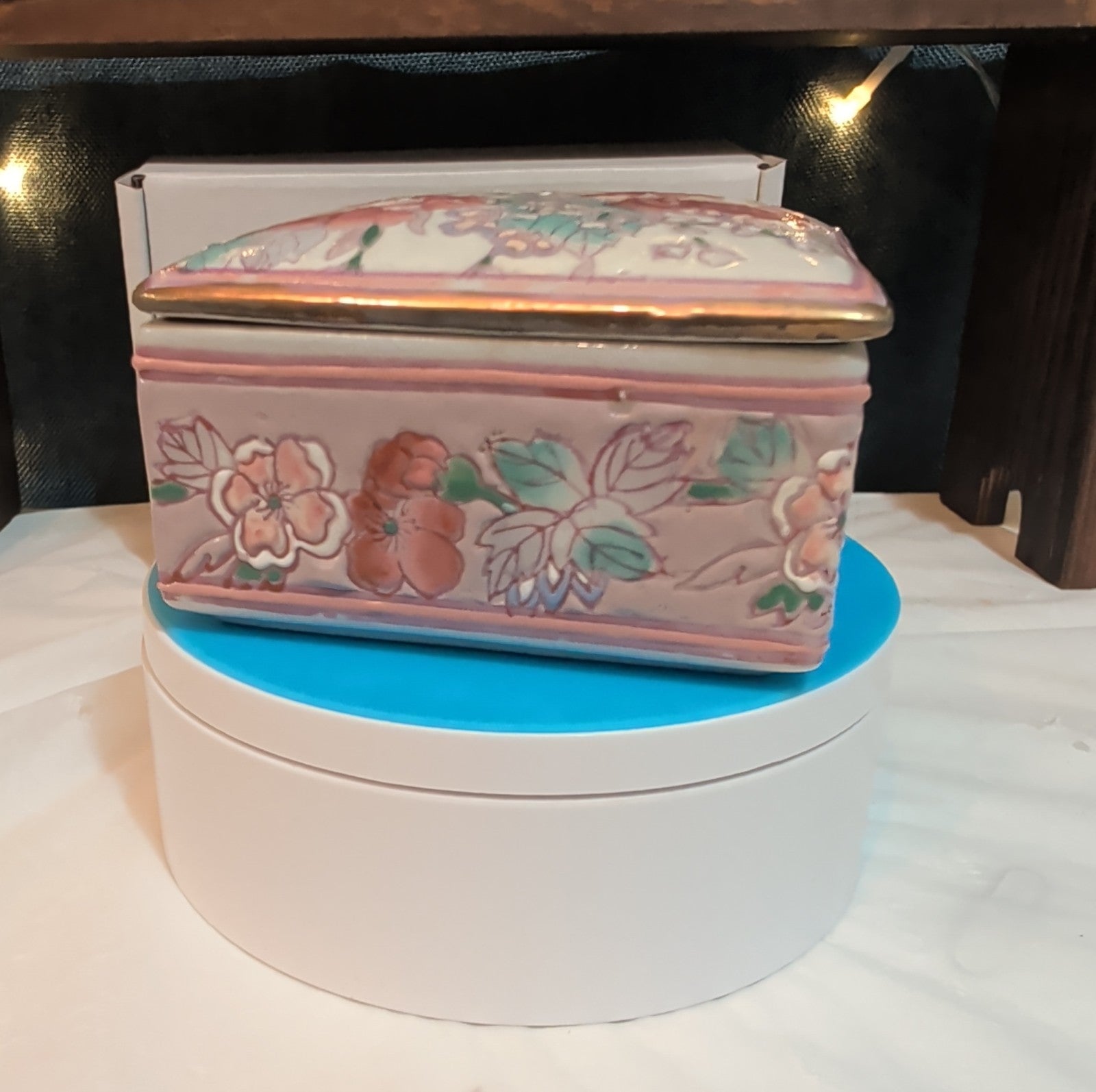 Vintage Pink Floral Porcelain Square Trinket Box Grandmillennial PreOwned