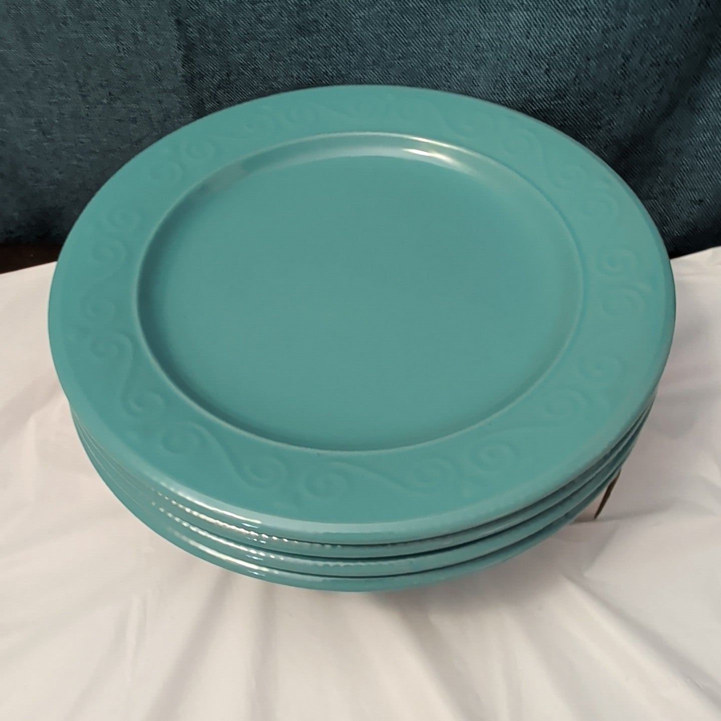 Set of 4 Royal Norfolk Dinner Plates Turquoise Teal Blue Scrolls Rim 10.5"